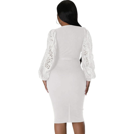 Lace Sleeved Cross V-Neck Belted Curve Hugging Dress