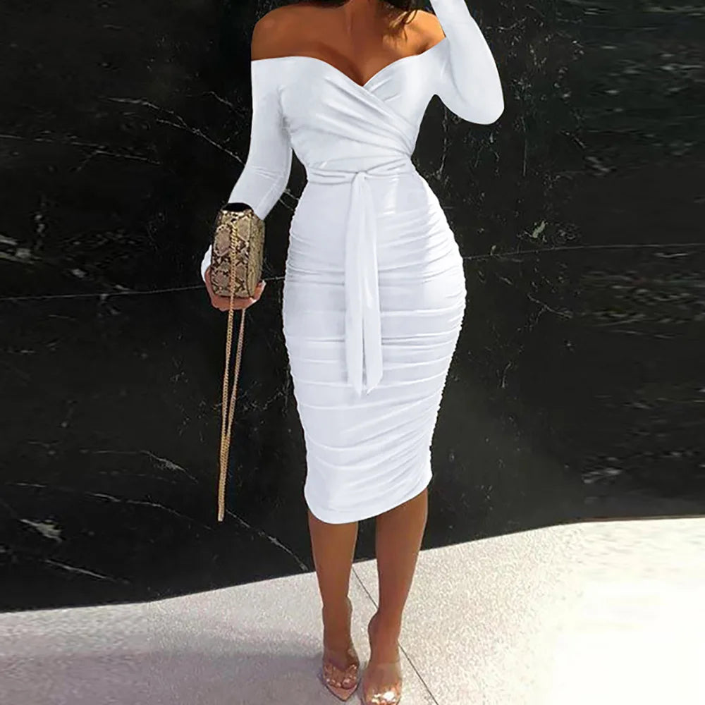 Ruched Bodycon Off the Shoulder Belted Dress