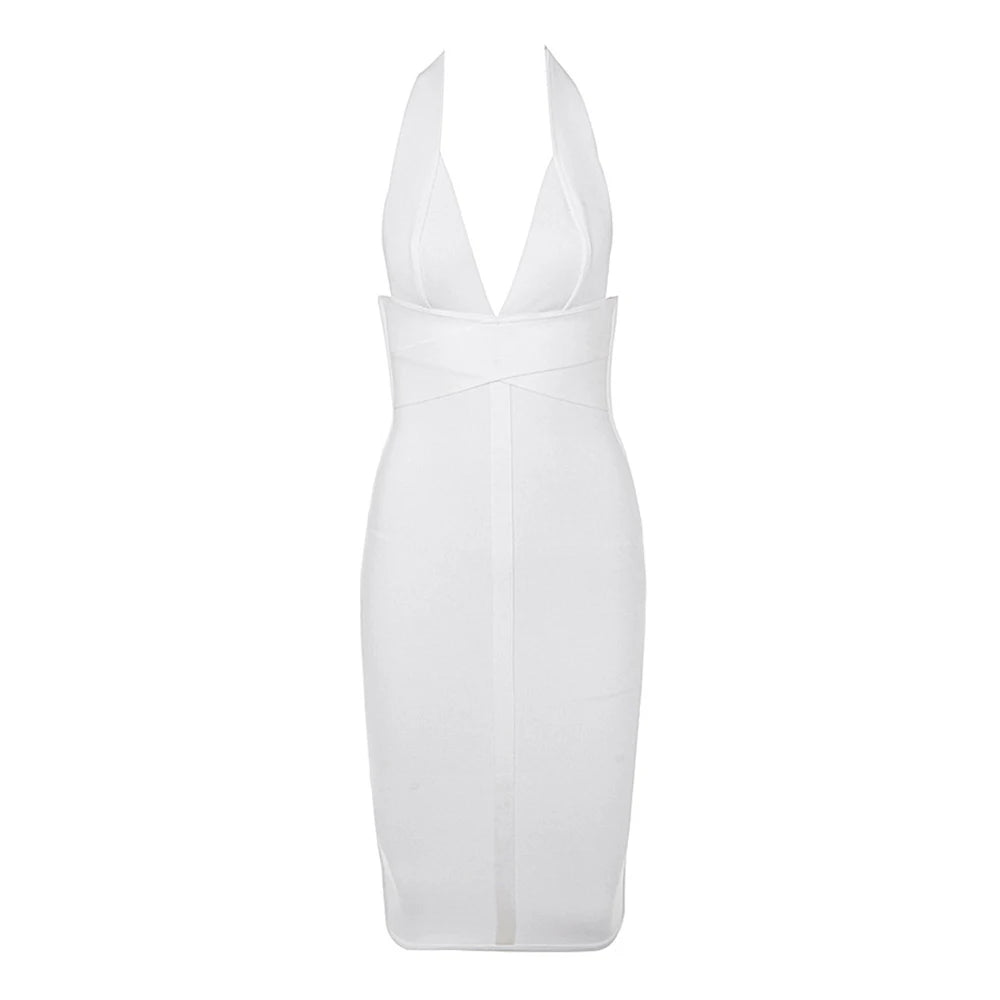 Deep V Neck Midi Sleeveless Halter Bandage Dress