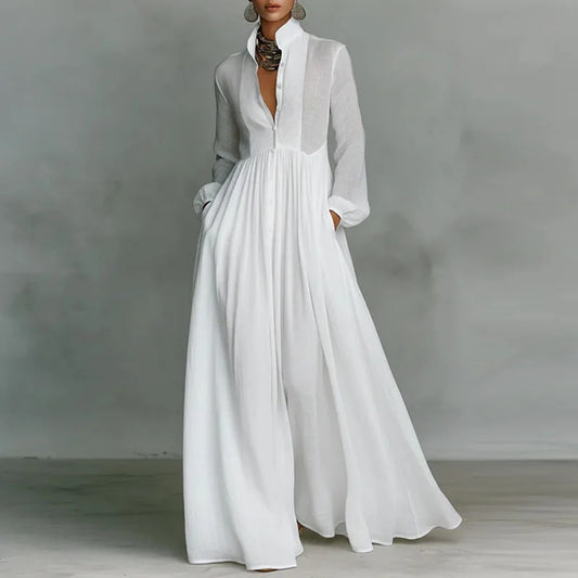 Elegant High Waist Maxi Dress with Pockets Woman Spring Solid Pockets