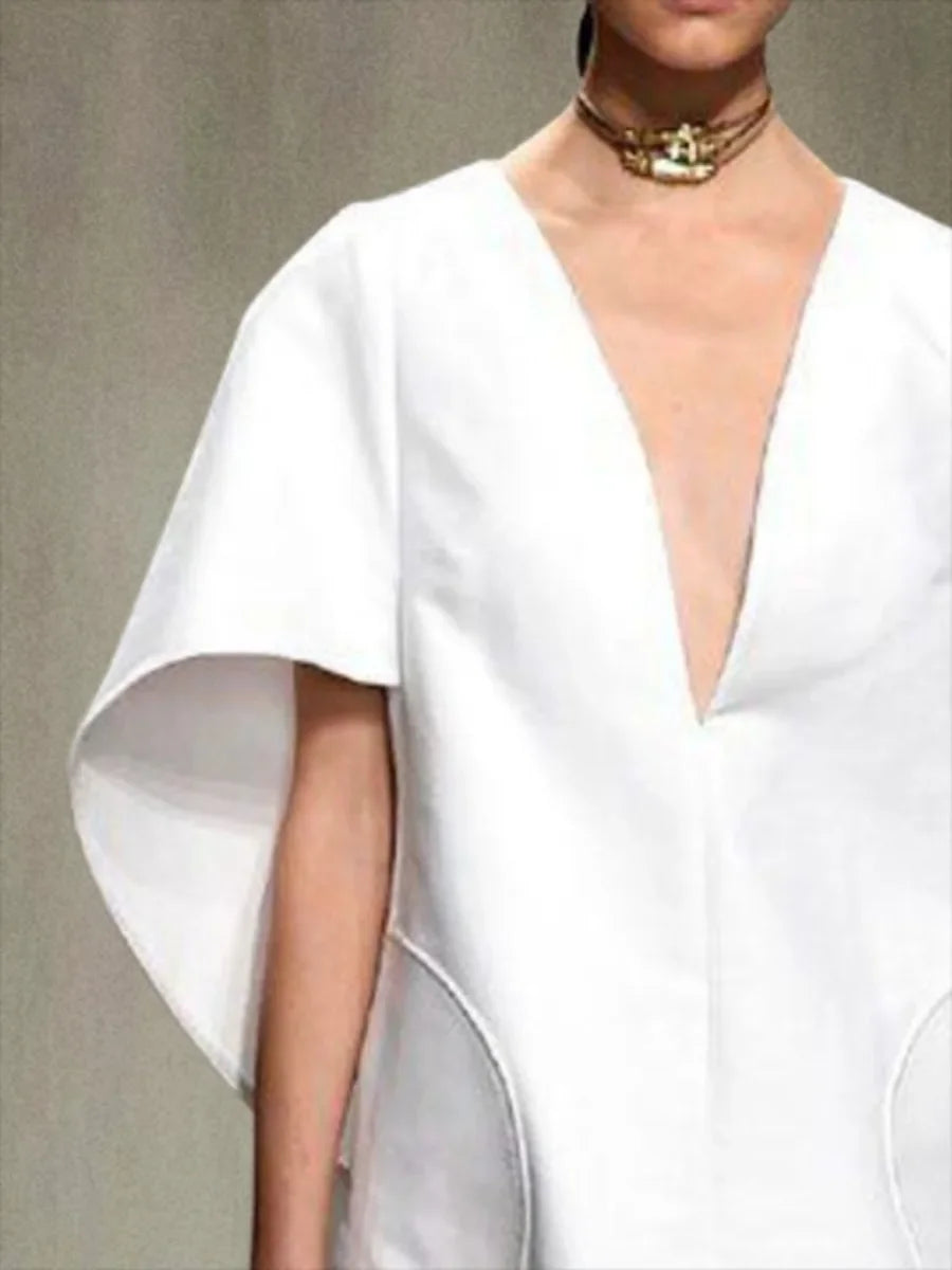 Deep V-Neck Mini Dress with Winged Sleeves