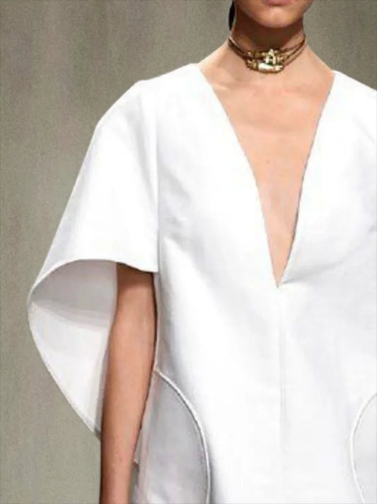 Deep V-Neck Mini Dress with Winged Sleeves