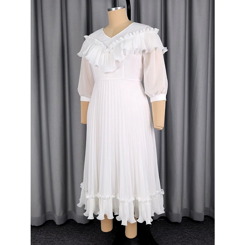 Pleated Chiffon V-Neck Dress with 3/4 Sleeve
