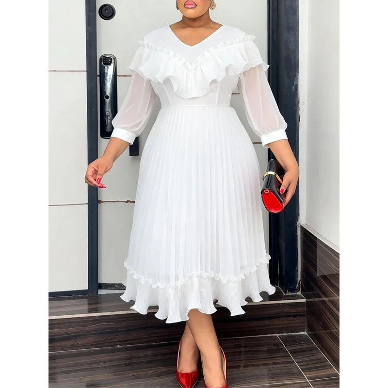 Pleated Chiffon V-Neck Dress with 3/4 Sleeve