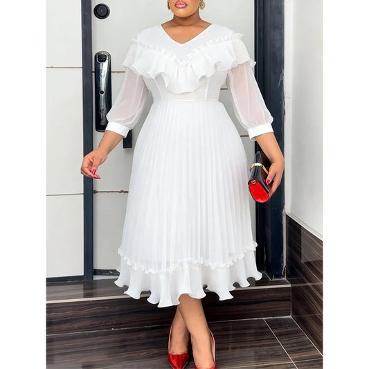 Pleated Chiffon V-Neck Dress with 3/4 Sleeve