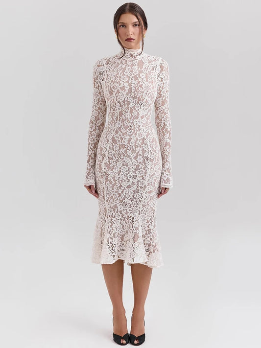 Long Sleeve Bodycon Lace Midi-Length Dress