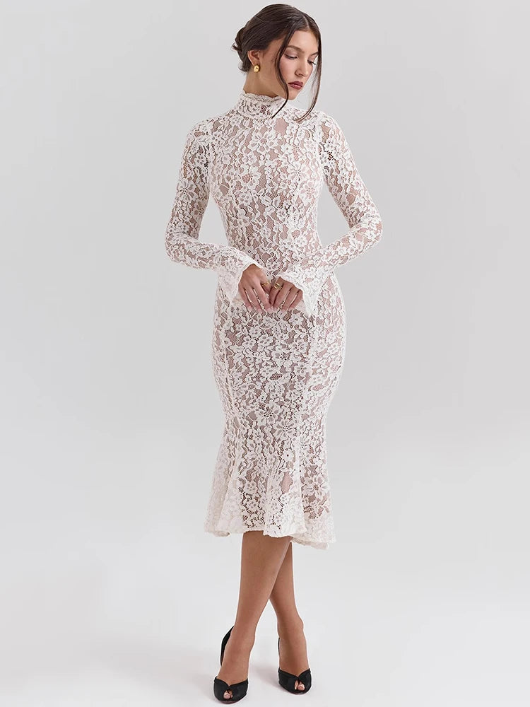Long Sleeve Bodycon Lace Midi-Length Dress