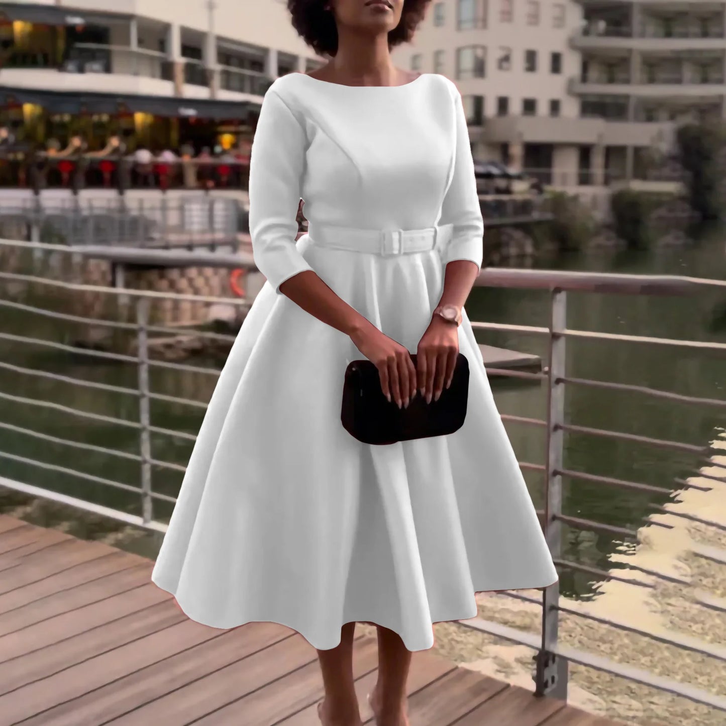 Belted Boat-Neck 3/4 Sleeve A-Line Dress