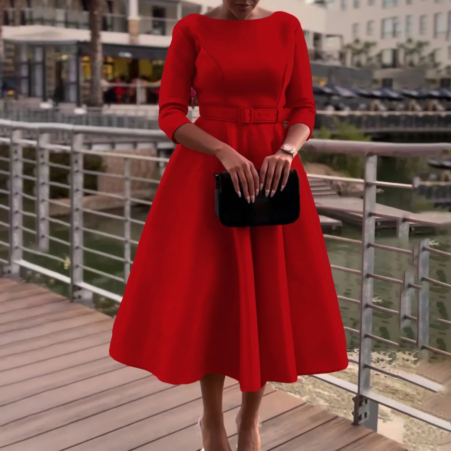 Belted Boat-Neck 3/4 Sleeve A-Line Dress