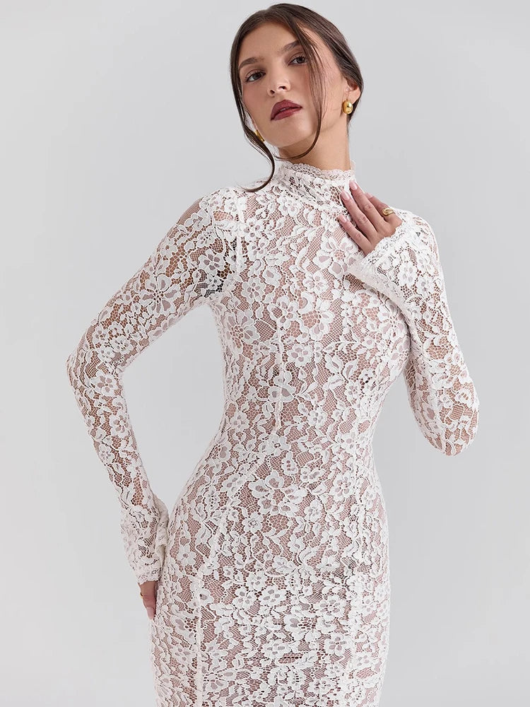 Long Sleeve Bodycon Lace Midi-Length Dress