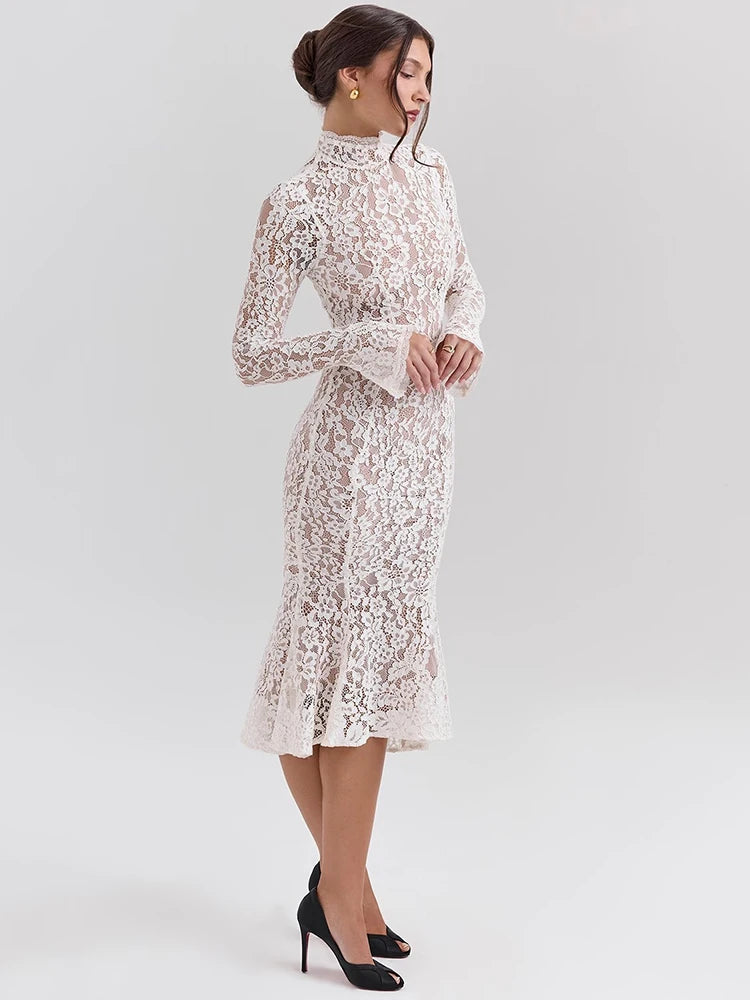 Long Sleeve Bodycon Lace Midi-Length Dress