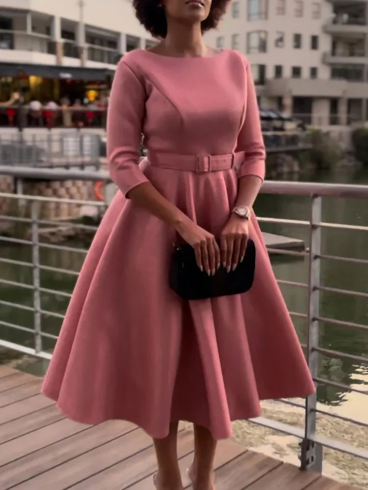 Belted Boat-Neck 3/4 Sleeve A-Line Dress