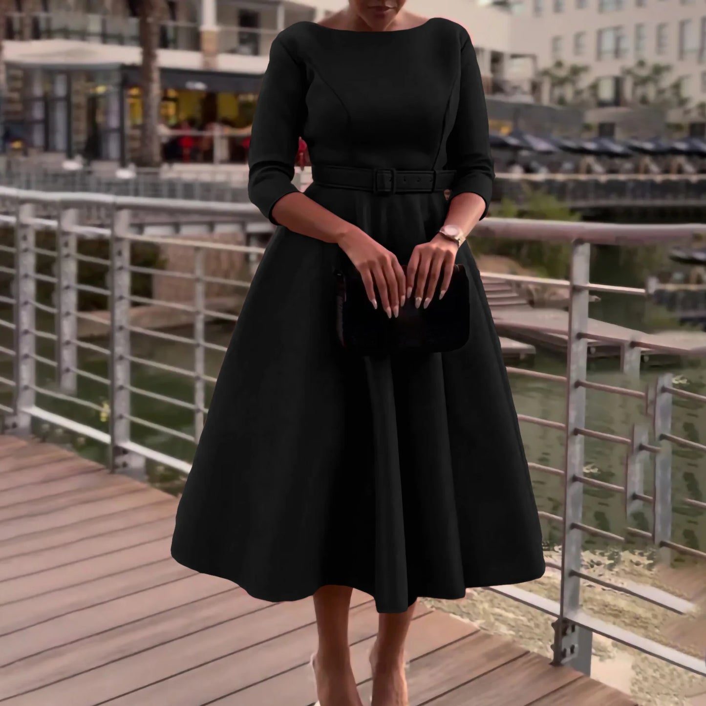 Belted Boat-Neck 3/4 Sleeve A-Line Dress
