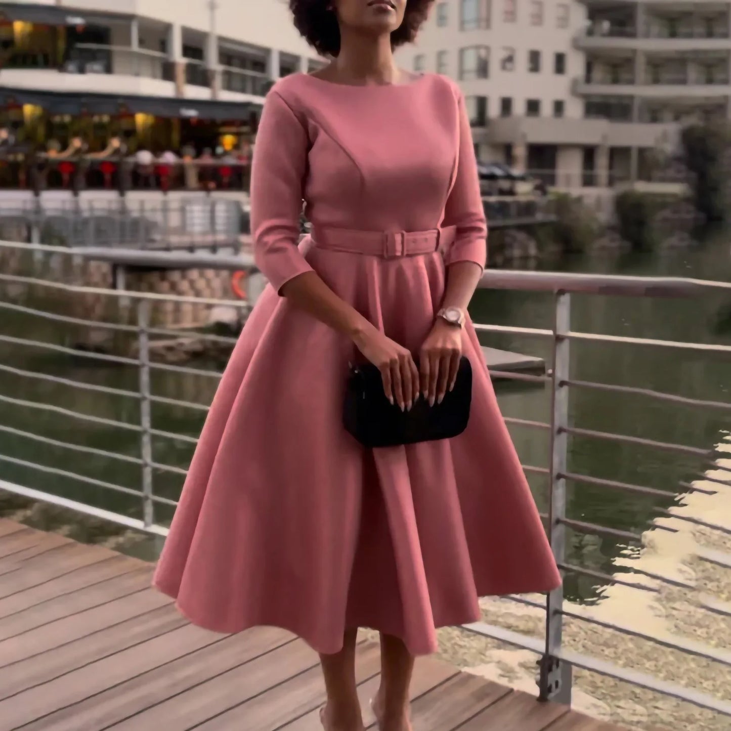 Belted Boat-Neck 3/4 Sleeve A-Line Dress