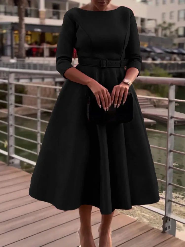Belted Boat-Neck 3/4 Sleeve A-Line Dress