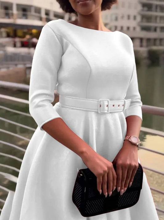 Belted Boat-Neck 3/4 Sleeve A-Line Dress