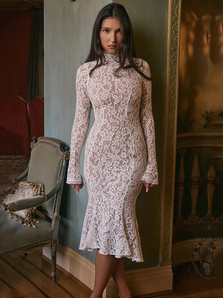 Long Sleeve Bodycon Lace Midi-Length Dress