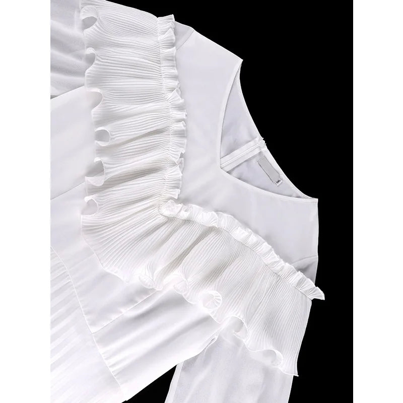 Pleated Chiffon V-Neck Dress with 3/4 Sleeve