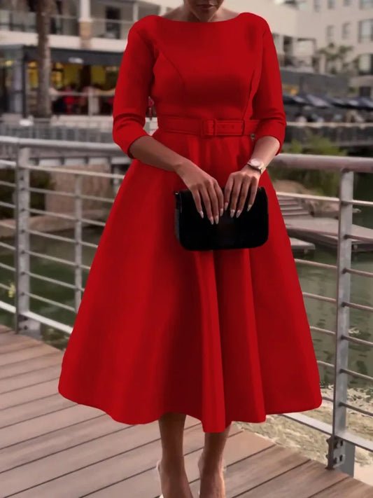 Belted Boat-Neck 3/4 Sleeve A-Line Dress