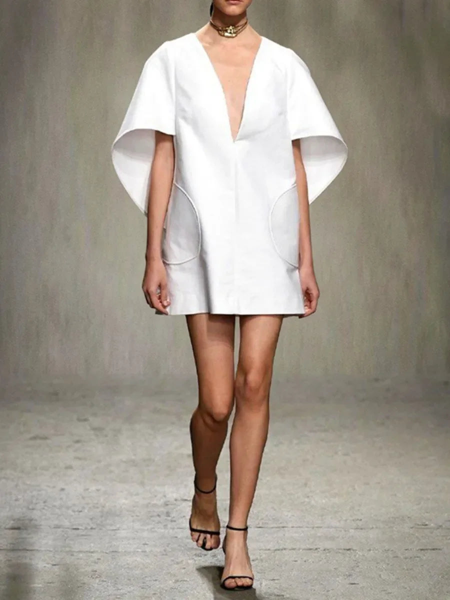 Deep V-Neck Mini Dress with Winged Sleeves