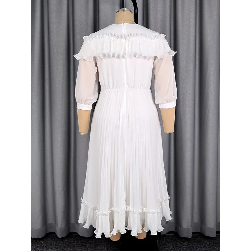 Pleated Chiffon V-Neck Dress with 3/4 Sleeve