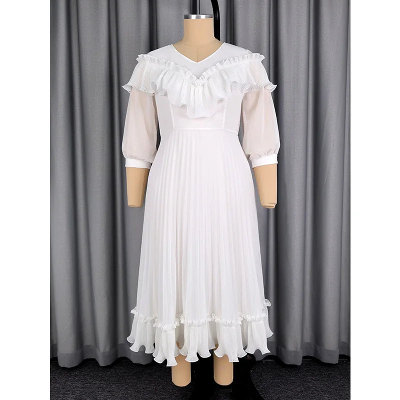 Pleated Chiffon V-Neck Dress with 3/4 Sleeve