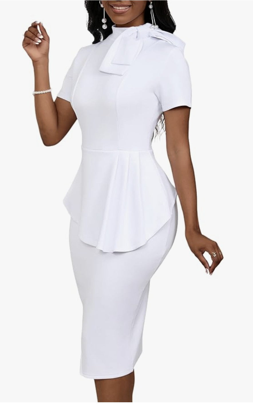 Bodycon Peplum Short Sleeved Dress with Bow at Neckline