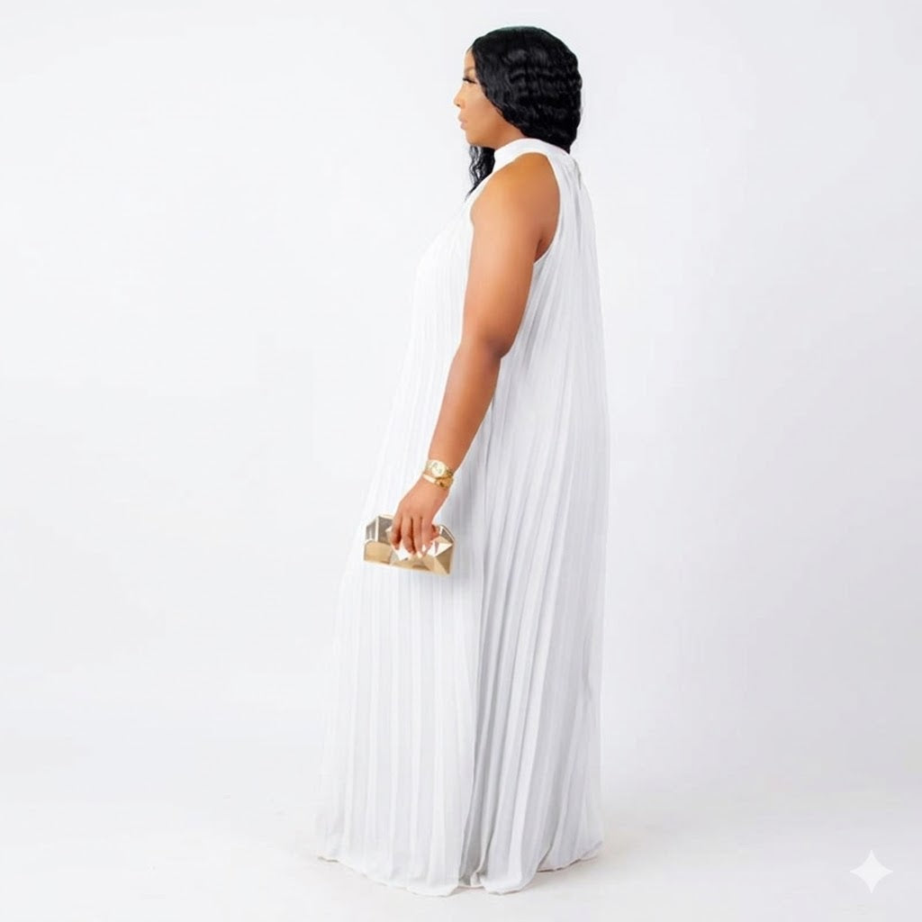 Pleated Flowy A-Line Halter Maxi Dress