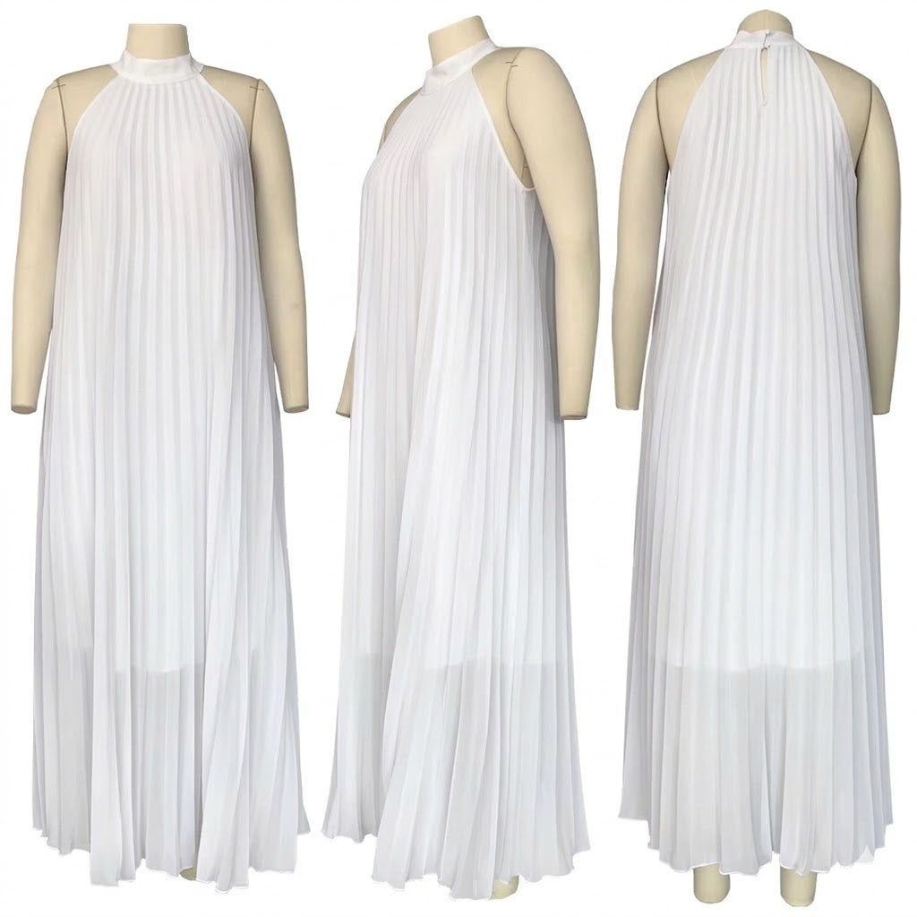 Pleated Flowy A-Line Halter Maxi Dress
